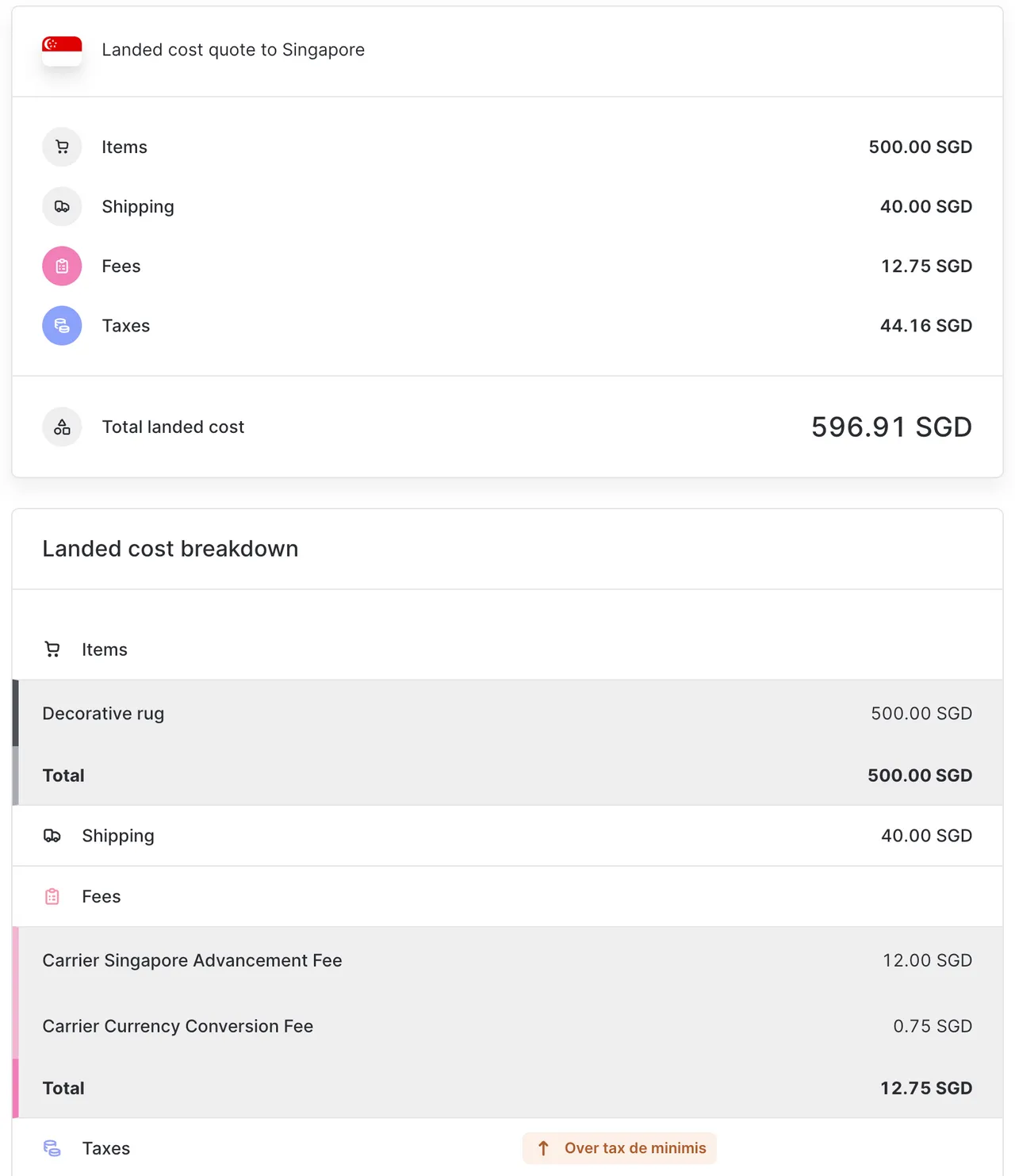 Landed cost for Singapore above the de
minimis